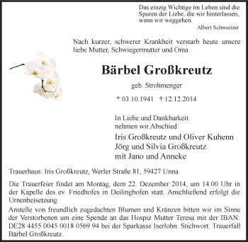 Traueranzeige von Bärbel Großkreutz von Tageszeitung