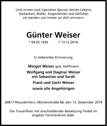 Traueranzeige von Günter Weiser von Tageszeitung
