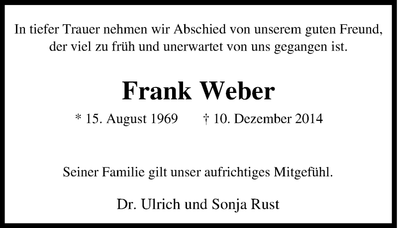  Traueranzeige für Frank Weber vom 17.12.2014 aus Tageszeitung