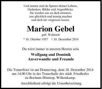 Traueranzeige von Marion Gebel von Tageszeitung