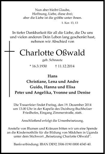 Traueranzeige von Charlotte Oßwald von Tageszeitung