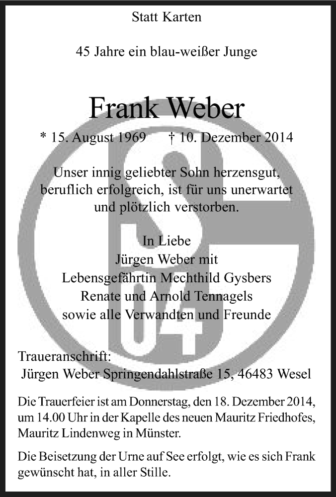  Traueranzeige für Frank Weber vom 15.12.2014 aus Tageszeitung