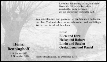 Traueranzeige von Heinz Benninghoff von Tageszeitung