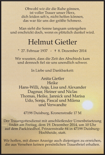 Traueranzeige von Helmut Gietler von Tageszeitung