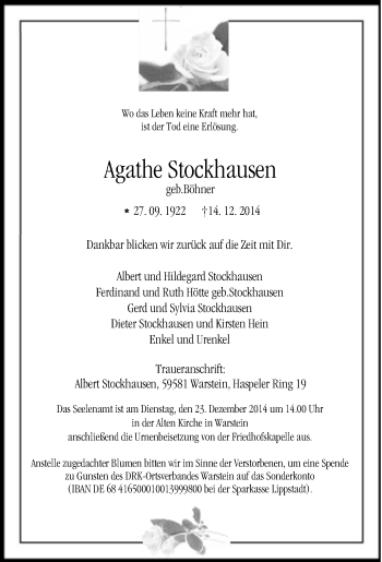 Traueranzeige von Agathe Stockhausen von Tageszeitung