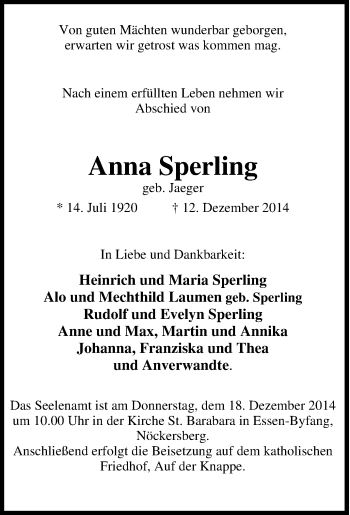 Traueranzeige von Anna Sperling von Tageszeitung