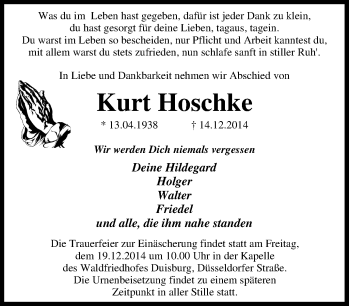 Traueranzeige von Kurt Hoschke von Tageszeitung
