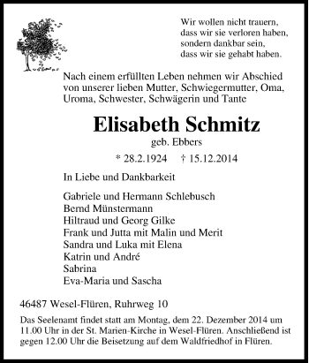 Traueranzeige von Elisabeth Schmitz von Tageszeitung