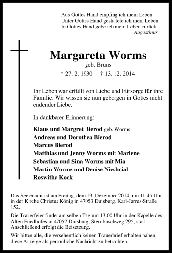 Traueranzeige von Margareta Worms von Tageszeitung