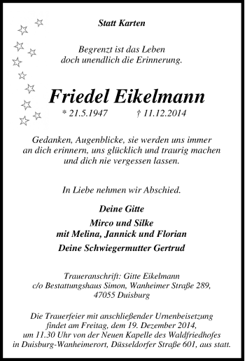 Traueranzeige von Friedel Eikelmann von Tageszeitung