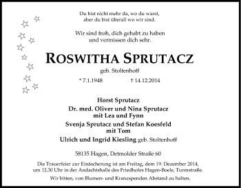 Traueranzeige von Roswitha Sprutacz von Tageszeitung