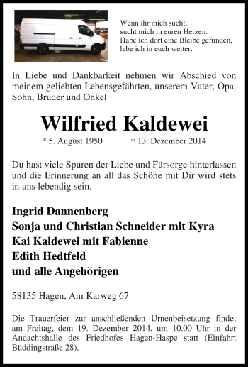 Traueranzeige von Wilfried Kaldewei von Tageszeitung