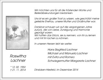 Traueranzeige von Roswitha Lachner von Tageszeitung