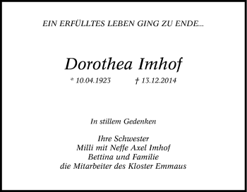 Traueranzeige von Dorothea Imhof von Tageszeitung