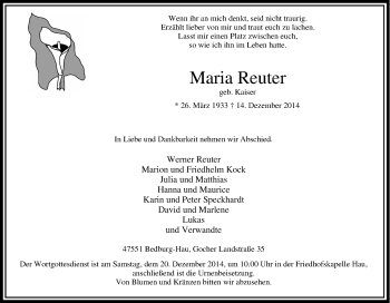 Traueranzeige von Maria Reuter von Tageszeitung