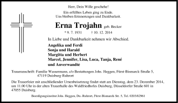 Traueranzeige von Erna Trojahn von Tageszeitung