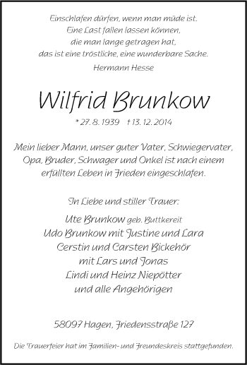Traueranzeige von Wilfrid Brunkow von Tageszeitung