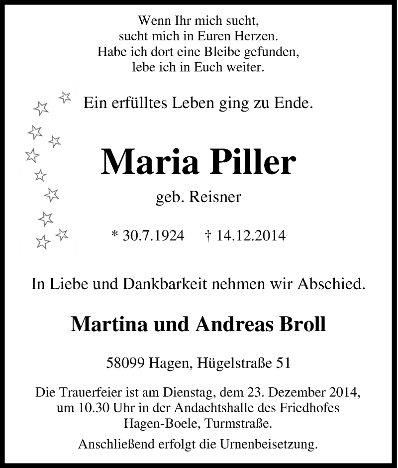  Traueranzeige für Maria Piller vom 17.12.2014 aus Tageszeitung