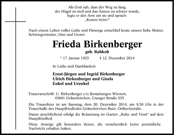 Traueranzeige von Frieda Birkenberger von Tageszeitung