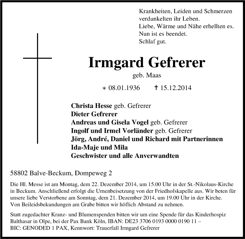  Traueranzeige für Irmgard Gefrerer vom 17.12.2014 aus Tageszeitung