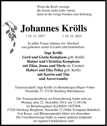Traueranzeige von Johannes Krölls von Tageszeitung