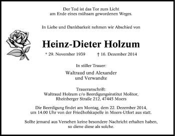 Traueranzeige von Heinz-Dieter Holzum von Tageszeitung