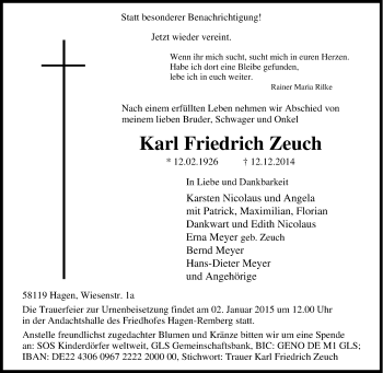 Traueranzeige von Karl Friedrich Zeuch von Tageszeitung