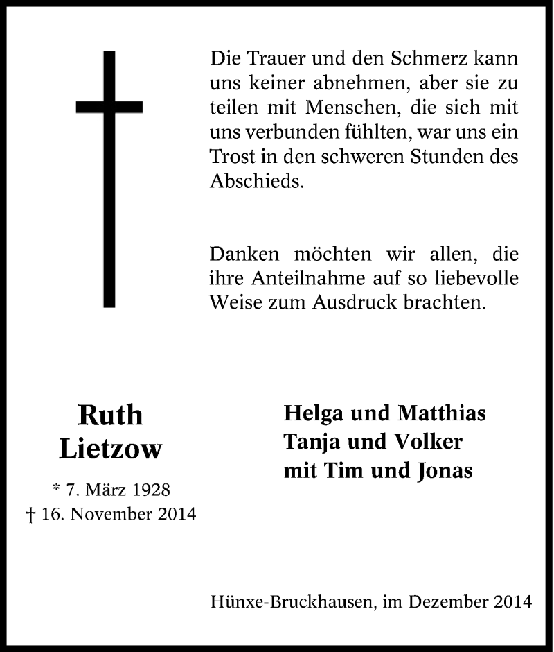  Traueranzeige für Ruth Lietzow vom 18.12.2014 aus Tageszeitung