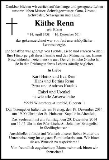 Traueranzeige von Käthe Renn von Tageszeitung