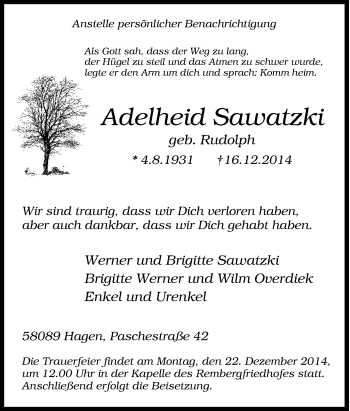 Traueranzeige von Adelheid Sawatzki von Tageszeitung