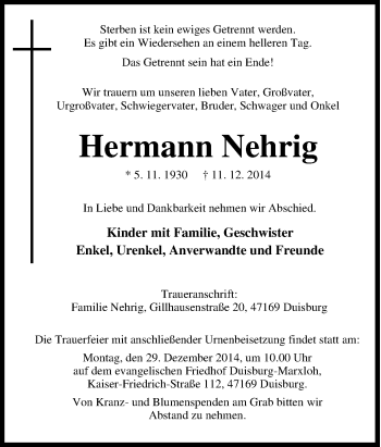 Traueranzeige von Hermann Nehrig von Tageszeitung
