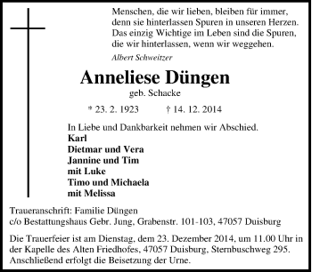 Traueranzeige von Anneliese Düngen von Tageszeitung