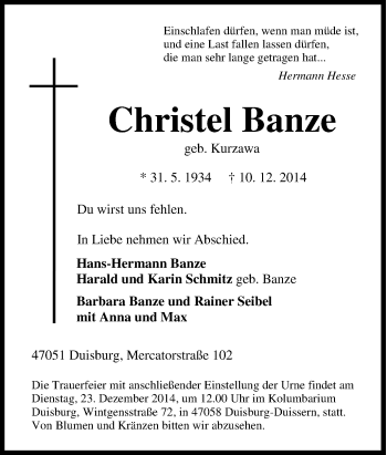 Traueranzeige von Christel Banze von Tageszeitung