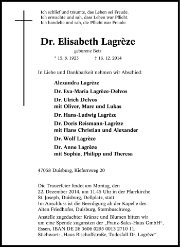 Traueranzeige von Elisabeth Lagrèze von Tageszeitung