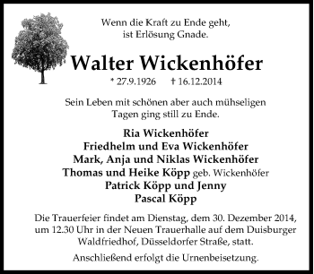 Traueranzeige von Walter Wickenhöfer von Tageszeitung