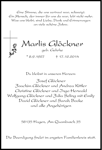 Traueranzeige von Marlis Glöckner von Tageszeitung
