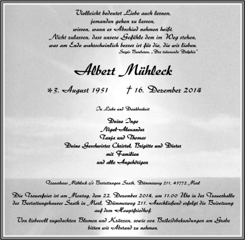 Traueranzeige von Albert Mühleck von Tageszeitung