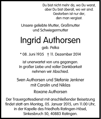 Traueranzeige von Ingrid Authorsen von Tageszeitung