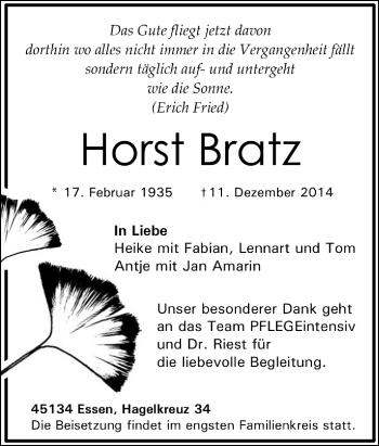 Traueranzeige von Horst Bratz von Tageszeitung