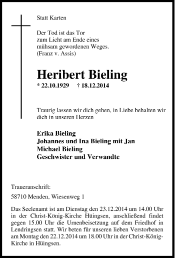 Traueranzeige von Heribert Bieling von Tageszeitung