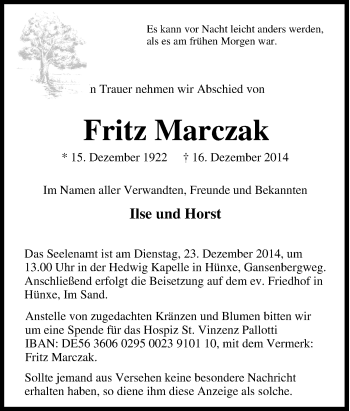 Traueranzeige von Fritz Marczak von Tageszeitung