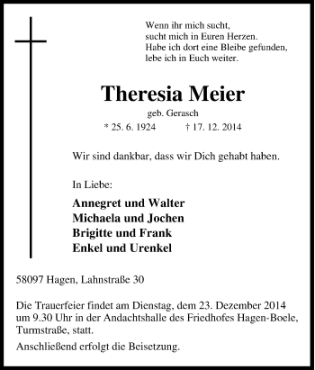 Traueranzeige von Theresia Meier von Tageszeitung