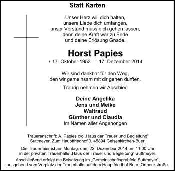 Traueranzeige von Horst Papies von Tageszeitung