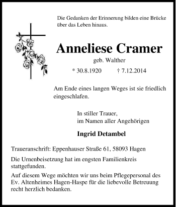 Traueranzeige von Anneliese Cramer von Tageszeitung