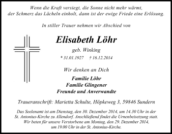 Traueranzeige von Elisabeth Löhr von Tageszeitung