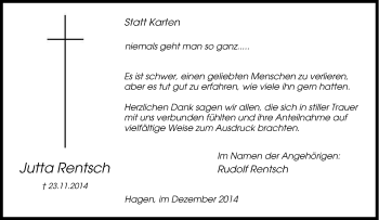 Traueranzeige von Jutta Rentsch von Tageszeitung