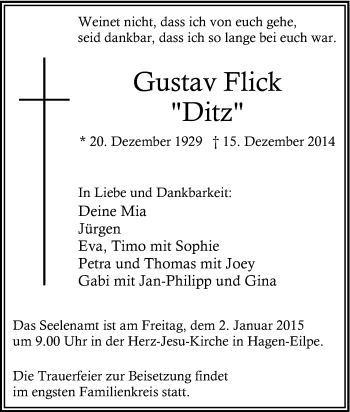 Traueranzeige von Gustav Flick von Tageszeitung