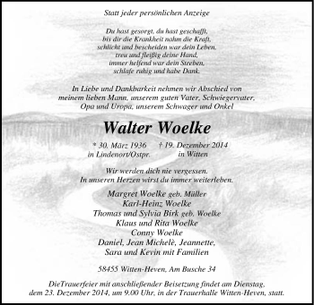 Traueranzeige von Walter Woelke von Tageszeitung