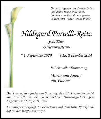 Traueranzeige von Hildegard Portelli-Reitz von Tageszeitung