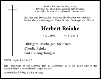 Traueranzeige von Herbert Reinke von Tageszeitung